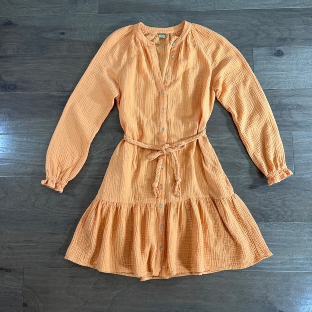 Magaschoni Organic Cotton Gauze Button Front Mini Dress Orange XS Long Sleeve